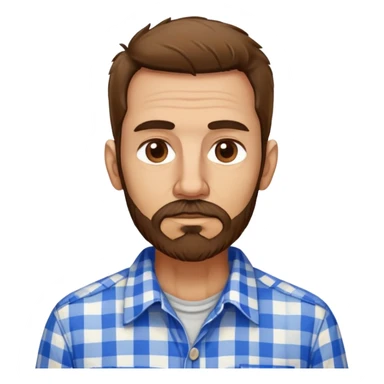 Skinny Puerto Rican man in his mid-50s with light skin. Thin face with defined features. Messy, disheveled brown hair. Untidy brown beard. Wearing a blue and white checkered button-up shirt that looks loose on his slim frame. sticker