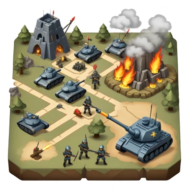 An icon showing a strategic battle scene with a top-down view of an army, inspired by classic strategy games. The interface displays unit icons, a minimap, and resource counters. Soldiers and siege weapons engage in combat on detailed terrain. Transparent background. sticker