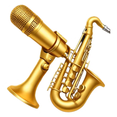 Create a vibrant emoji representing jazz vocal performance. The design should feature a vintage microphone, with musical notes swirling around it, symbolizing the improvisational and expressive nature of jazz singing. Add subtle elements like a jazz trumpet and saxophone in the background to represent the ensemble often accompanying jazz vocals. Include a set of piano keys or a grand piano in the design to reflect the jazz club atmosphere. Use warm, rich colors like deep gold, black, burgundy, and silver to create a soulful and elegant vibe. The background should be transparent. sticker