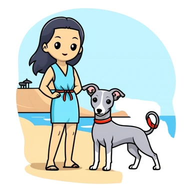 Slim Chinese woman with long black hair in beach attire at the beach with her Italian greyhound that is COMPLETELY solid grey, with absolutely NO white markings on face, snout, or anywhere else, single uniform grey color throughout entire dog body sticker