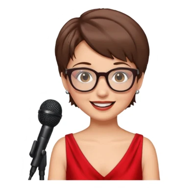 singer, Old, brown short hair, holding mic, red dress, glasses sticker