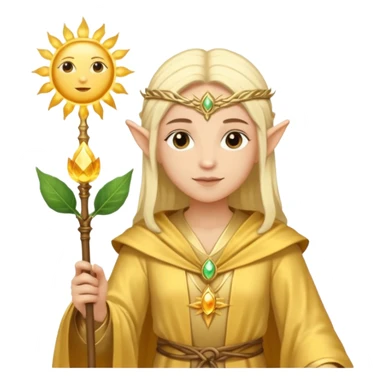 {
      "type": "human",
      "look": "light elf healer, golden robe, staff with leaf and sun motif",
      "description": "a light elf healer wearing a golden robe and holding a staff with leaf and sun symbols"
    } sticker