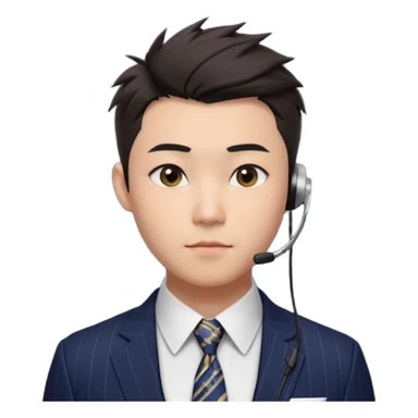 gay young Asian man with light skin, short dark hair styled upward with a sharp spiked swoop in front, slightly narrowed almond-shaped eyes with a confident, knowing squint, very squinty a clean-shaven face, and a sleek single-ear headset, wearing a dark pinstripe suit with a patterned shirt tie sticker