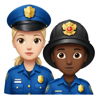 white female policeman in a blue uniform, black male fireman in a red uniform sticker