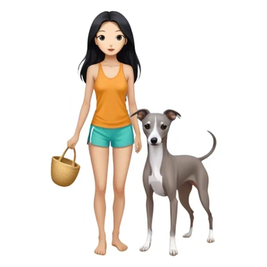 Slim Chinese woman with long black hair in appropriate beach attire at the beach with her completely solid grey Italian greyhound, ocean and sand visible, the dog has absolutely no white markings anywhere sticker