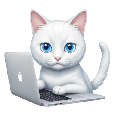 white cat with blue eyes working on a macbook sticker