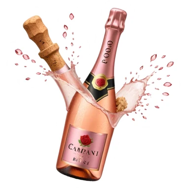 bottle of sparkling rosé champagne with a rose logo on the label, with a cork exploding out from the top, tilted up and to the left, no glass sticker