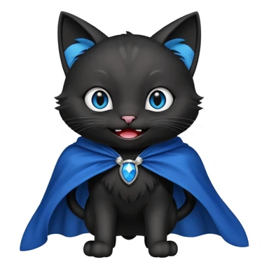 an all black anthropomorphic cat with blue eyes wears an all black cape and is smiling a mischievous sharp tooth grin sticker
