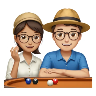 Chinese Girl without glasses and young white man with a hat and glasses brown hair playing table pool, the white man is crying because he lost, Chinese girl smiling  sticker