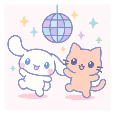Cinnamoroll and a cat at a disco party, kawaii style, disco ball, energetic poses, vibrant colors sticker
