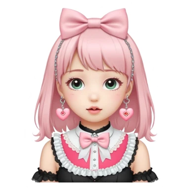 Pastel-baby-rose-pink Lolita-styled aesthetic cute kawaii choker-collar-necklace adorned with with white frills, roses, hearts, bow tie, silver chains,  sticker