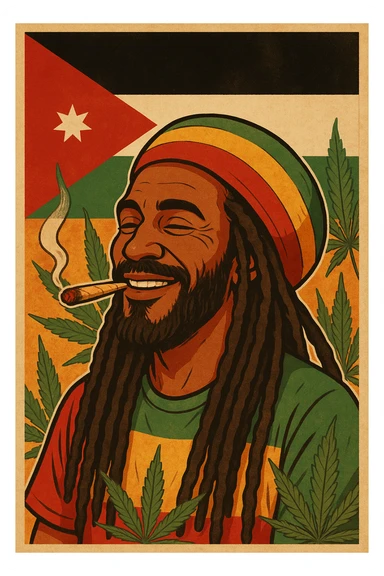 A digital vintage-style poster illustration of a Jordanian Rasta man with dreadlocks, wearing a red, yellow, green striped tam hat. He is smiling peacefully with a lit herbal spliff in his mouth. The background features the official Jordan flag — black, white, green horizontal stripes with a red triangle and a white 7-point star — accurately displayed behind him. Cannabis leaves are tastefully arranged around the composition, and the poster includes Rasta color textures blended with the Jordanian palette. Use a retro poster style with warm, slightly aged textures, bold outlines, and soft shading to evoke a soulful reggae vibe that honors both Jordanian pride and Rasta spirit. The mood is chill, powerful, and respectful sticker