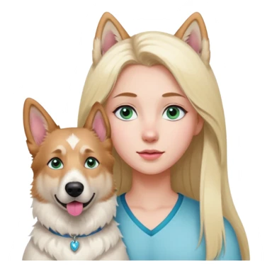 White European young woman with blue-green eyes and long blond hair with her white German Shepherd dog,the Dog hast a pink nose and short fur  ans Brown eyes sticker
