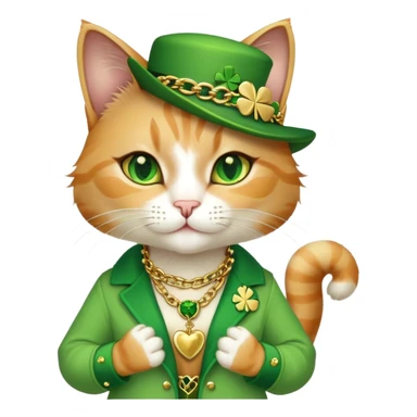 female cat dressed in hip-hop Run DMC style, green outfit, shamrock accessories, gold chains, bling, St. Patrick's Day sticker