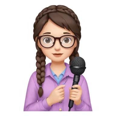A shy braid brunette singer girl in pastel clothes with glasses, holding the mic with both hands. sticker