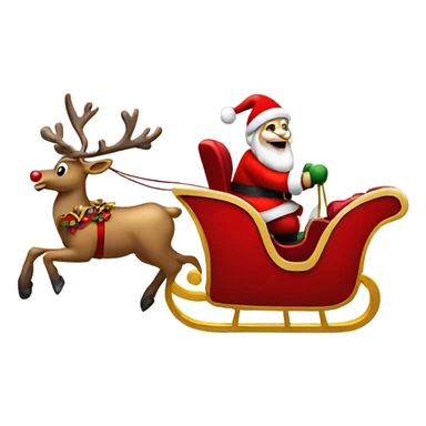 Santa Claus riding his red and gold sleigh which is being pulled by a reindeer with a red nose sticker