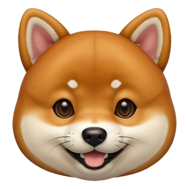 Head of a Shiba Inu dog in Apple emoji style, orange-brown fur with white muzzle and cheeks, round face, big black eyes, perky ears, grinning with closed mouth, no tongue, front-facing, glossy texture, soft shadows
 sticker