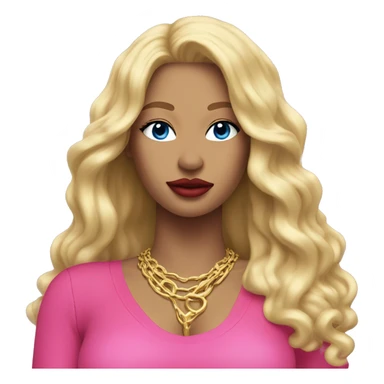 blonde woman with full banngs and long blonde hair with red lipstick on her lips a gold necklace and a pink,blue and silver bodysuit sticker
