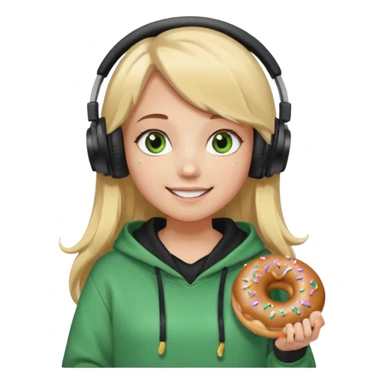 a girl with long brown hair blonde ends green and wearing black headphones she is wearing a cream coulor baggy hoddie she is happyish holding a donut sticker