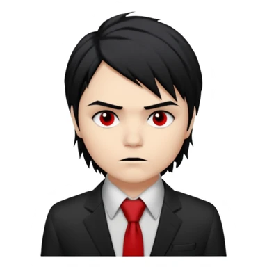 Gerard Way (Revenge Era)
Round, simplified emoji style
Pale skin tone dark eyes
Jet-black, shoulder-length hair messy and emo
Heavy eyeliner and slight red shadow under the eyes
Subtle serious
Hint of red tie visible on black button up shirt.
Transparent background. Black eyeliner. Messy emo hair sticker