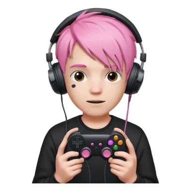 pink haired boy with headphones holding all black game controller sticker
