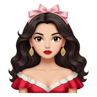 A woman with almond-toned skin, dark voluminous hair in waves, expressive eyes with soft lashes and shimmer, full lips with a glossy nude-pink color, wearing a red dress and a white sash with “Miss San Juan” in black letters, exuding elegance and confidence. sticker