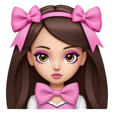 pretty bratz baddie, long straight hair brunette baddie with eyeliner and brown eyes and small pink bow sticker