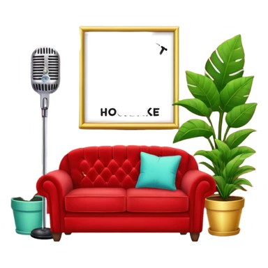 red velvet couch, stand microphone, houseplants, karaoke sign sticker