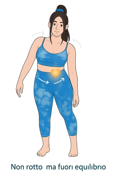 a woman stands in a relaxed pose, with a gentle, confident expression. Her body is shown with subtle, curved lines or arrows indicating areas of imbalance (such as a slight tilt in the shoulders or hips), but no signs of injury or damage. A soft glow or heart symbol at her core emphasizes resilience and the message “Non rotto, ma fuori equilibrio” The background is clean and clinical, with light blue tones. sticker