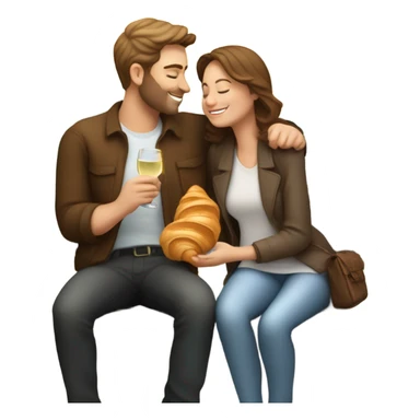 couple of white people with brown hair, sitting closely on a park bench, enjoying a romantic moment. One person is holding a croissant, and the other is holding a glass of Prosecco.  sticker