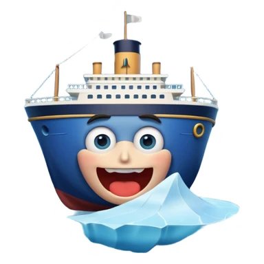 3D Apple Memoji style: Titanic ship with a shocked face (big eyes, open mouth), cartoon realism, glossy finish, sailing toward a large mischievous iceberg emoji, white-blue, shiny, Pixar-level rendering, calm dark blue sea, moonlit sky, vivid colors, soft shadows. sticker