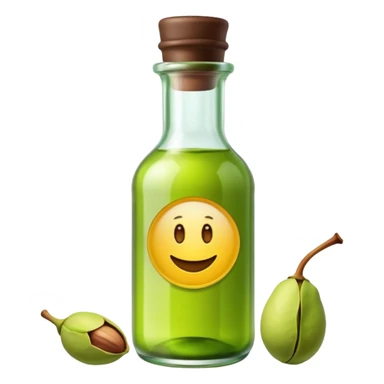 small bottle with translucent green pistachio essence, glass, narrow neck, simple label, dark cap, liquid vivid and slightly viscous, soft lighting, emoji scale sticker
