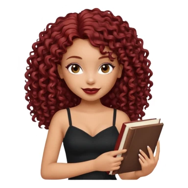 generate a pretty bratz girl curly dark red hair, brown lipstick on, smiling. Book in hand, wearing a black cami top. sticker