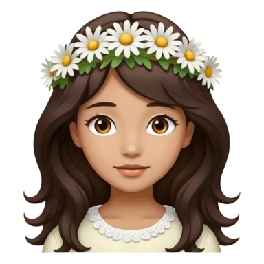 ["Medium skin tone female, long dark-brown hair with gentle waves, wearing a white daisy floral crown."] sticker