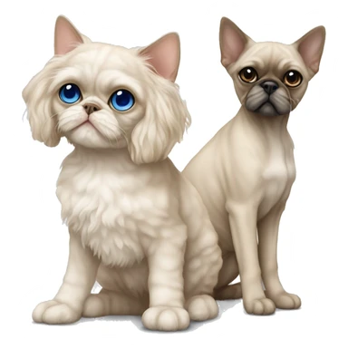 Beige Devon Rex Cat with blue eyes sitting next to a larger beige shih tzu  dog  sticker