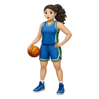 full body plus size light skin  latino women basketball player with wavy dark hair in pony tail wide nose wearing blue uniform with green accent sticker