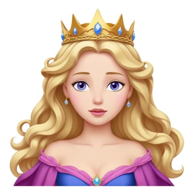 Cinematic Realistic Sleeping Beauty (Aurora) Portrait, with porcelain-like skin featuring a natural rosy flush, illuminated by soft lighting that highlights the gentle contours of her face. Her golden blonde hair flows in soft, detailed waves with subtle highlights that shimmer in the light. Her deep violet-blue eyes radiate warmth and innocence, framed by arched brows and long lashes. Her serene expression exudes quiet elegance. She is dressed in her classic pink gown, the fabric rich in texture with delicate folds that catch the light. A golden crown rests atop her head, gleaming with royal refinement. The portrait captures a soft, glowing aura, blending realism with an ethereal sense of beauty and timeless enchantment. sticker