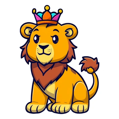 A majestic lion king with a crown facing a colorful dinosaur sticker