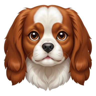 Cinematic Cute Blenheim Cavalier King Charles Spaniel Portrait Emoji, Head tilted playfully and inquisitively, silky Blenheim coat with warm chestnut and crisp white patches, round, sparkling brown eyes filled with curiosity, Simplified yet irresistibly adorable features, highly detailed, glowing with a warm, friendly glow, high shine, affectionate and lively, stylized with a touch of whimsy, bright and endearing, soft glowing outline, capturing the essence of a mischievous yet loving pup, so playful it feels like it could pounce out of the screen and into your arms! sticker