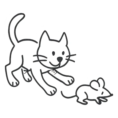 hand drawn outlined cat chasing a mouse icon sticker