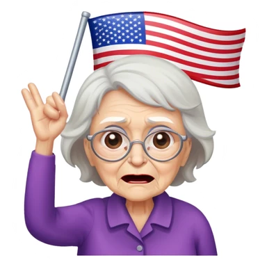 Old woman angrily waving upside down American flag sticker