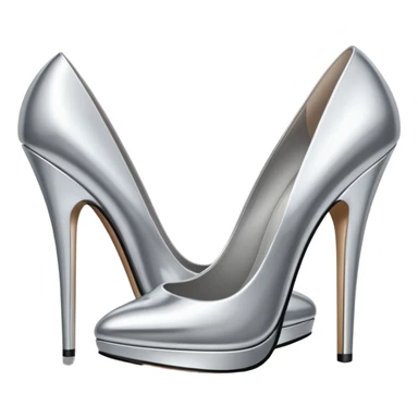 A pair of high heel shoes emoji made of polished silver chrome, elegant sharp silhouette, smooth metallic surface, glossy reflections, luxury sexy vibe, minimalistic iOS emoji style, centered, clean white background sticker