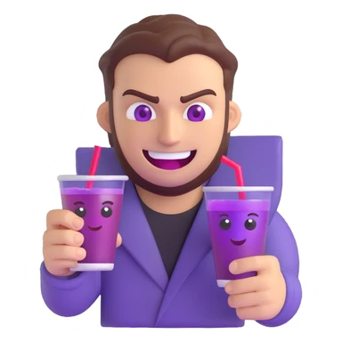 sharp, slanted angry eyes and a wide devious grin, holding a double cup of purple drank, 3D emoji style sticker