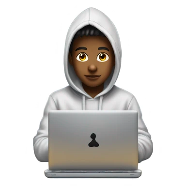 a 13 year old boy wearing a hoodie coding on a laptop with cool effects sticker