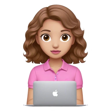 Chica cabello marrón ondulado, test trogueña, polo rosa y MacBook rosada  sticker