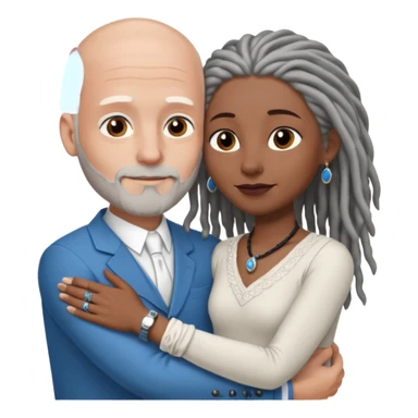 Tall bald white man with a short white beard and blue eyes in a lovingly embrace with a black woman with brown eyes and grey hair dreads sticker