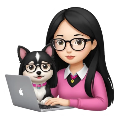 Asian girl with long black hair working on an Apple laptop, next to her is a small black and white dog with pink collar on  sticker