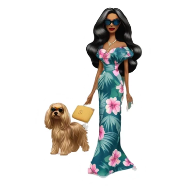 Palm Beach Breeze Barbie, teen Morticia Addams ,walking by the pool, white skin, full body visible, wavy hair,handbag, aloof,eyeshadow,earrings,open flowing floral caftan,small 2 piece, sunglasses on top,heels,holding yorkie Miss Thang sticker