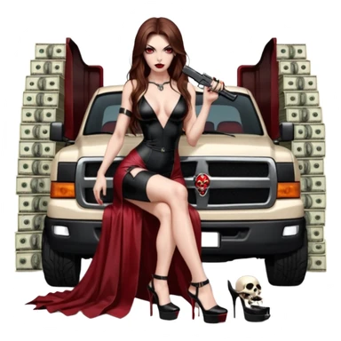 Lilith symbol red eye seductress evil long brown haired sexy succubus woman with leather long dress with slit, sitting in Big Large F350 pickup truck. Black Platform high heels on feet. Back of truck full of stacks of cash, sitting behind her is  a human skull with a gun in other hand sticker