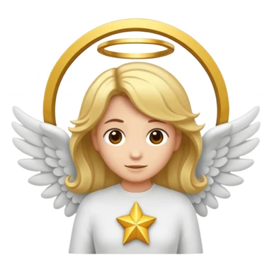 "Um emoji de anjo com cabelos loiros, um halo, asas, segurando um sinal de 'compartilhar' em letras em negrito." sticker